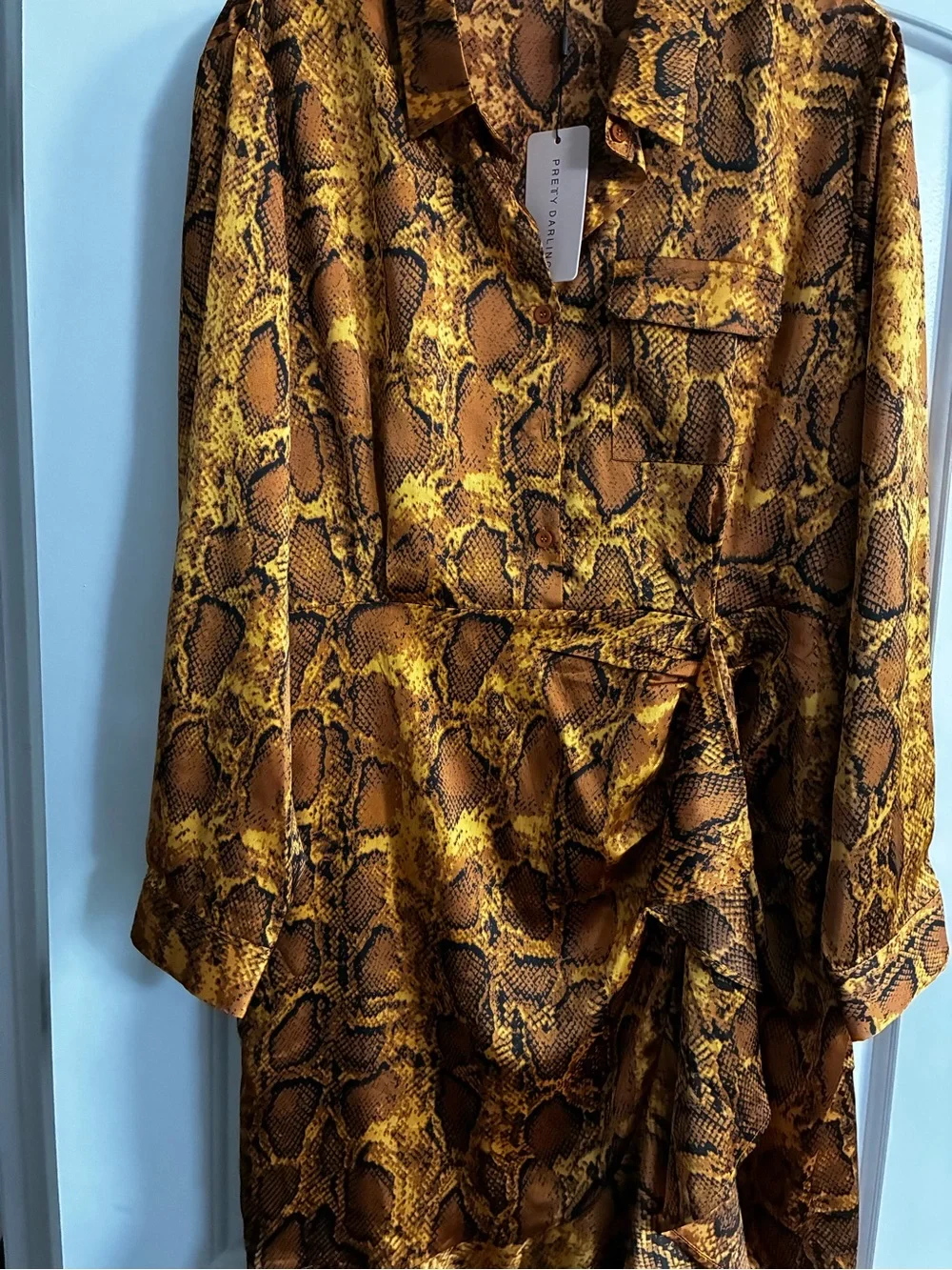 Darling Amber Snake-Print Long Sleeve Ruffle-Hem Dress
